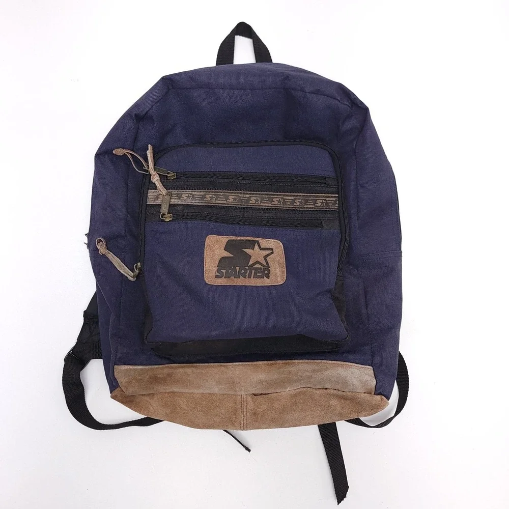 Vintage 90s Starter Backpack Dark Blue Suede Leather Bottom‎ Accents